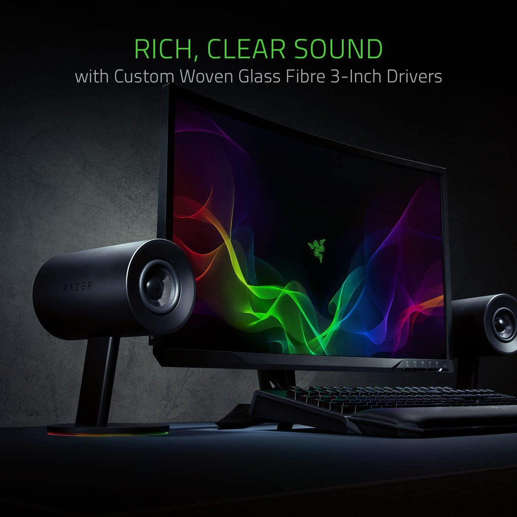 Razer Nommo Chroma: Custom Woven 3" Glass Fiber Drivers - Rear-Facing Bass Ports - Bass Knob W/Automatic Gain Control Chroma Enabled - Full Range 2.0 PC Gaming Speakers, Black