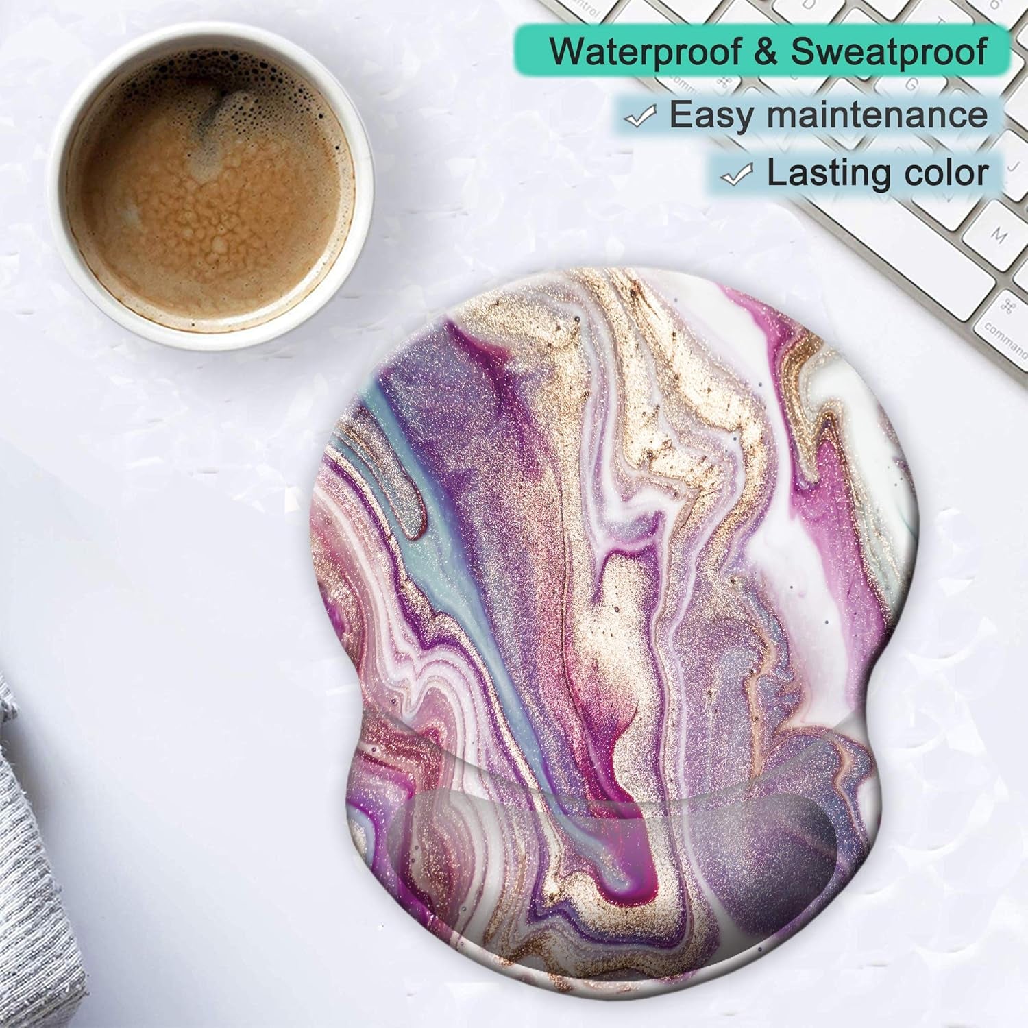 ITNRSIIET Ergonomic Mouse Pad with Gel Wrist Support Small Wrist Rest Smooth Surface Non-Slip PU Base Comfortable Office Supplies Pain Relief, 8.7 X 7.2 Inches, Purple Modern Marbling Art