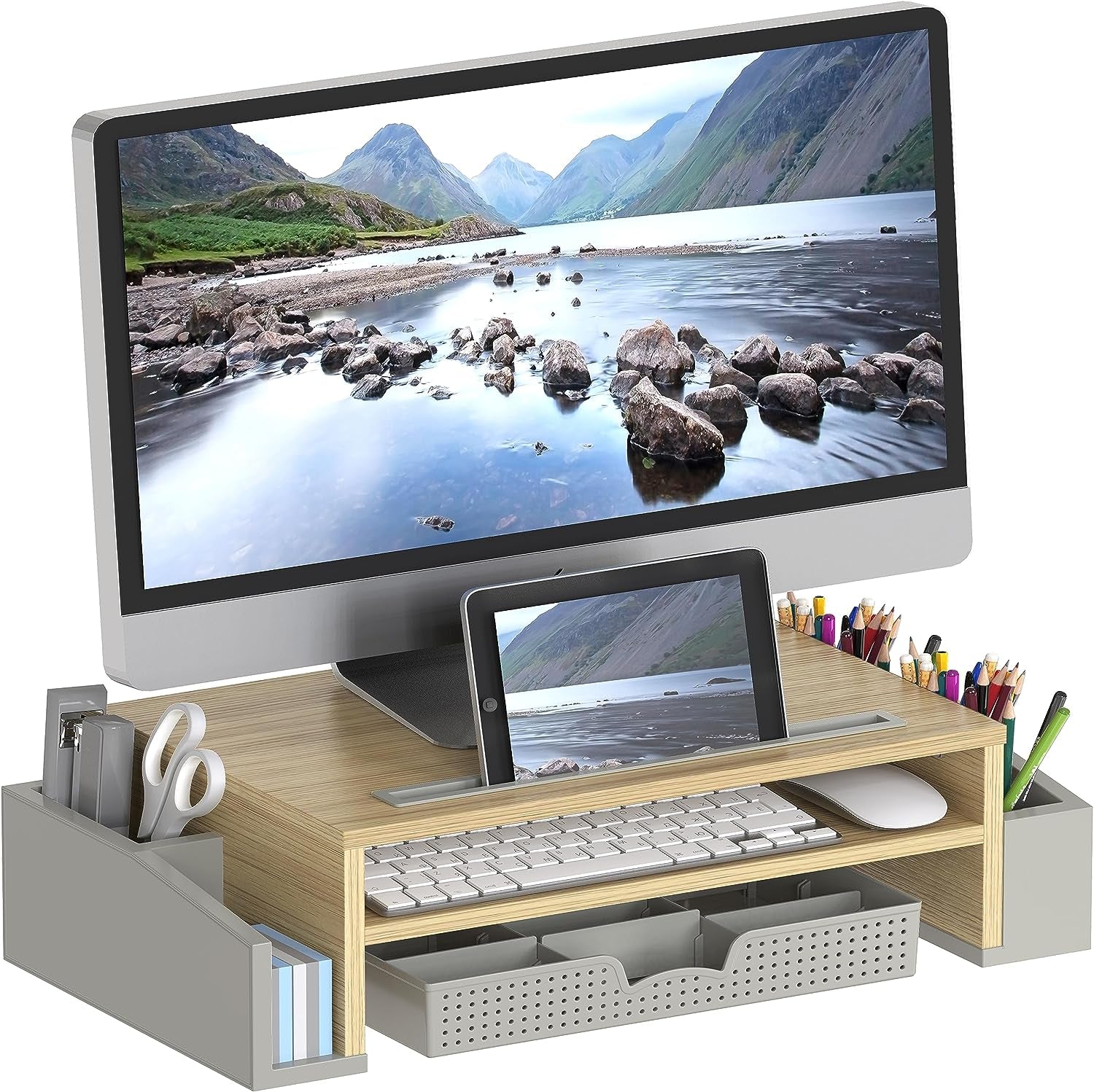 Simple Houseware Desk Monitor Stand Riser with Adjustable Organizer Tray, Maple