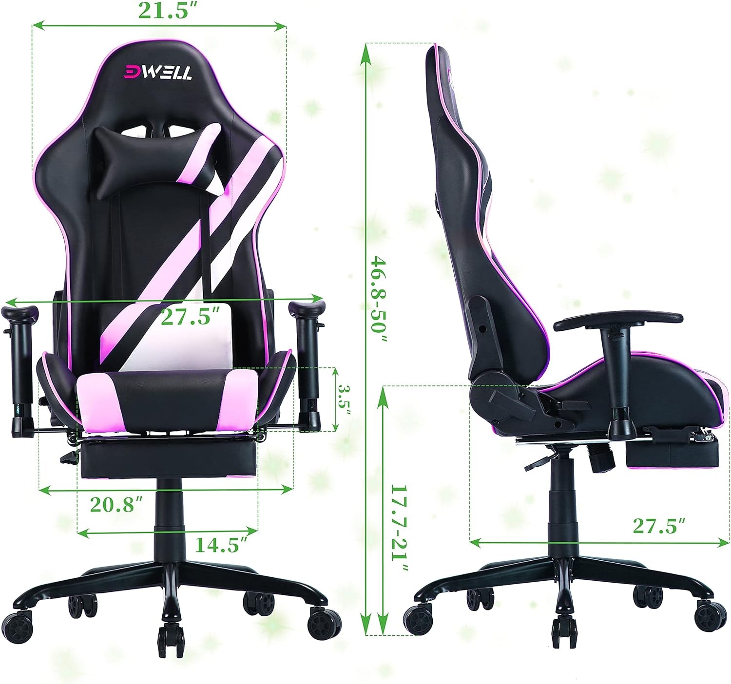 EDWELL Pink Gaming Chair,Computer Chair,Gaming Chair with Footrest,Adjustable Gamer Chair with Headrest and Lumbar Support,Pu Leather Gaming Chair for Adults,Ergonomic Design