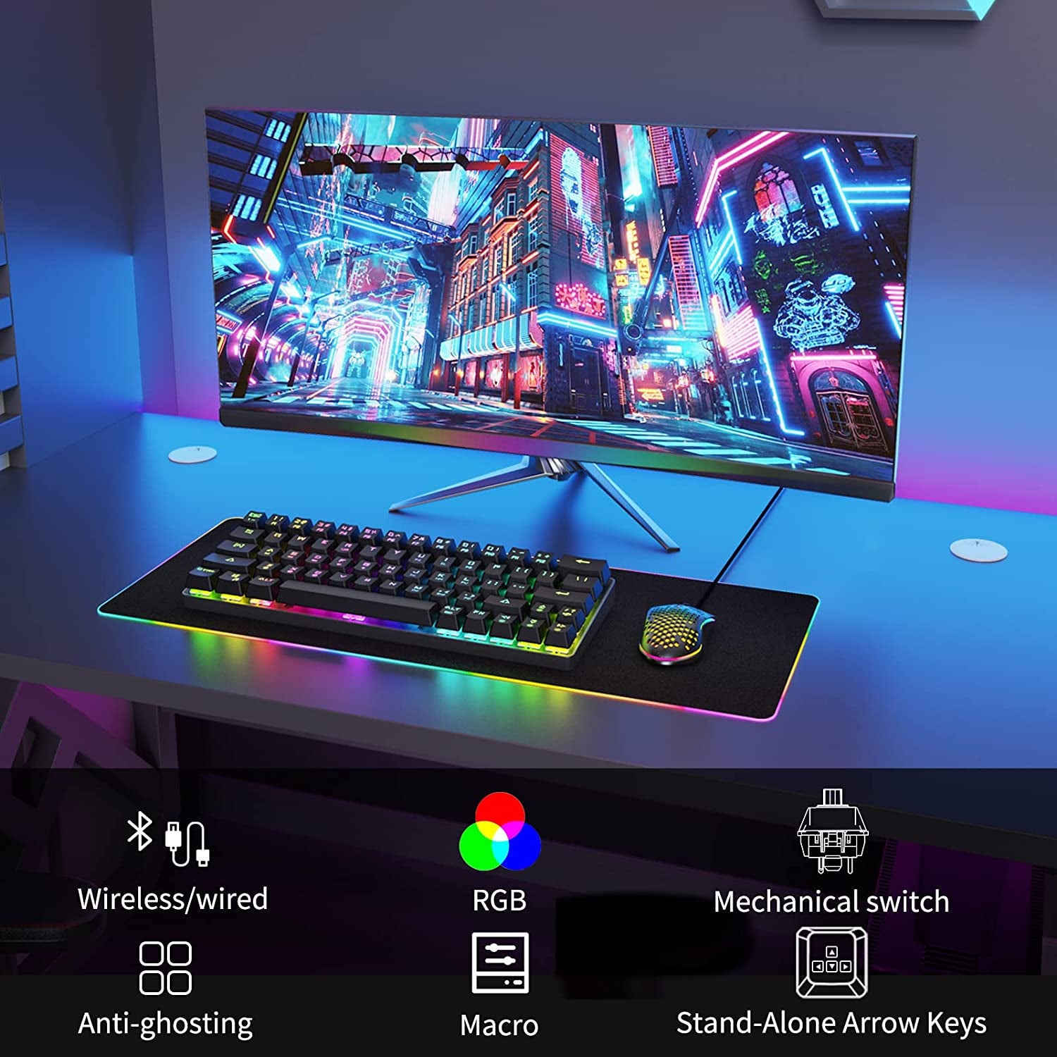 DIERYA DK63 60% Wireless Mechanical Keyboard, RGB Backlit Bluetooth Gaming Keyboard Wired Dedicated Arrow Keys, Compact 63 Keys Mini Keyboard, Full Keys Programmable - Red Switch
