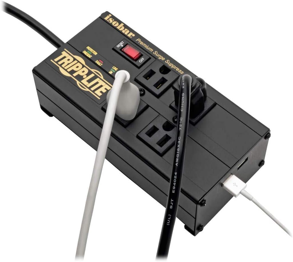 Tripp Lite Isobar 4 Outlet Surge Protector Power Strip with 2 USB Charging Ports, 8Ft Long Cord, Right-Angle Plug, Metal, 3330 Joules, Lifetime Limited Warranty & $50K Insurance (Ibar4Ultrausbb),Black