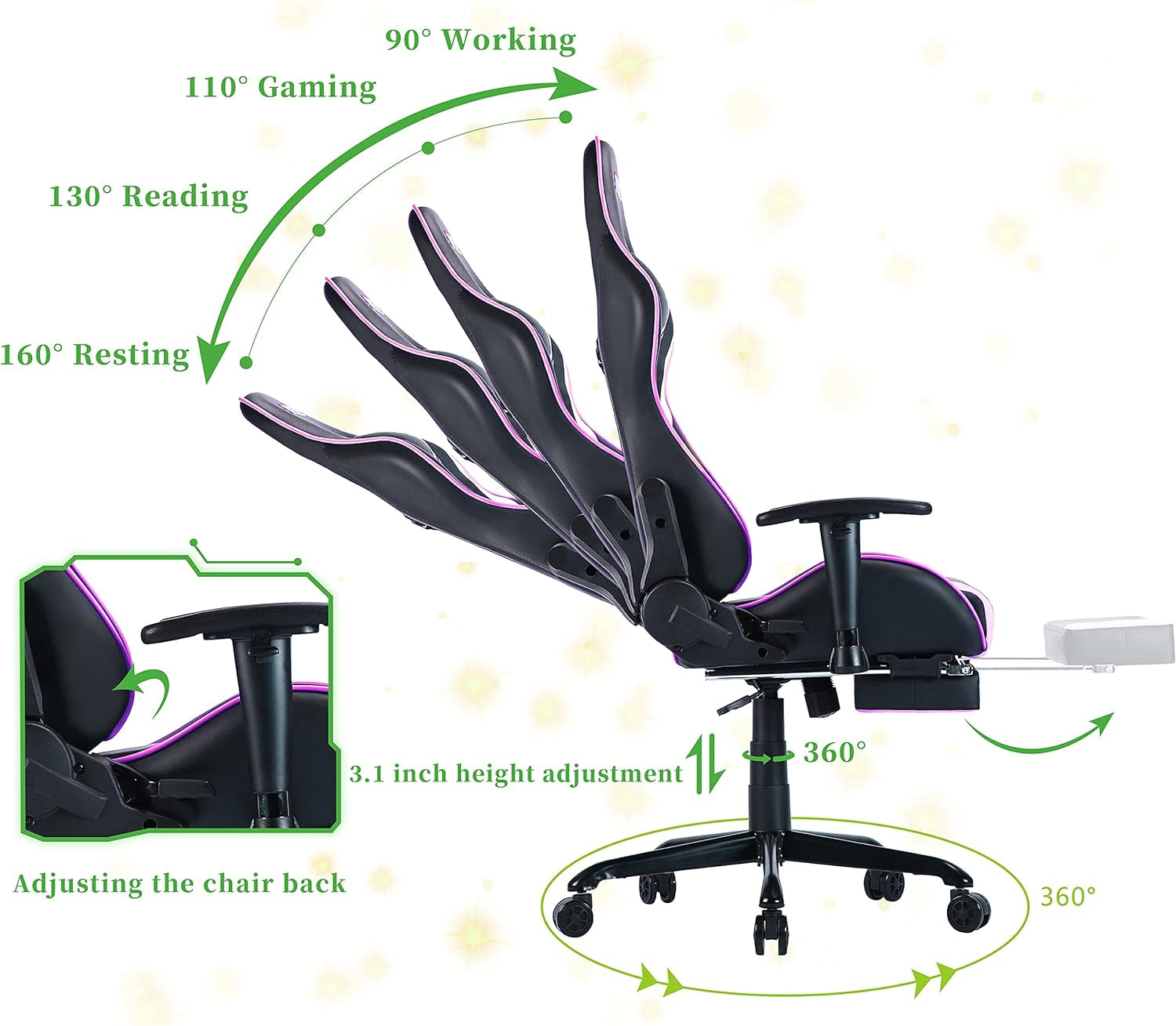 EDWELL Pink Gaming Chair,Computer Chair,Gaming Chair with Footrest,Adjustable Gamer Chair with Headrest and Lumbar Support,Pu Leather Gaming Chair for Adults,Ergonomic Design
