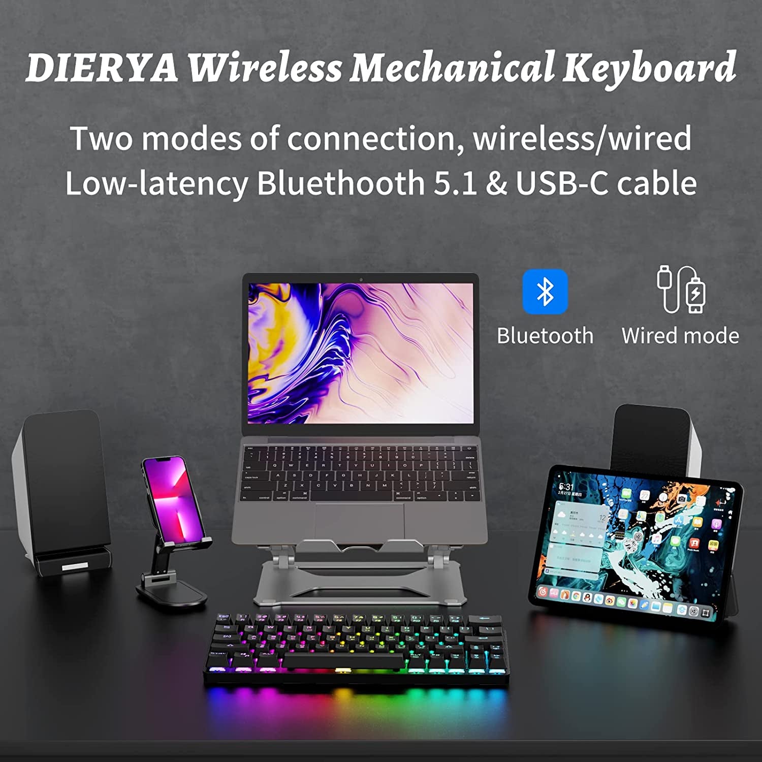 DIERYA DK63 60% Wireless Mechanical Keyboard, RGB Backlit Bluetooth Gaming Keyboard Wired Dedicated Arrow Keys, Compact 63 Keys Mini Keyboard, Full Keys Programmable - Red Switch