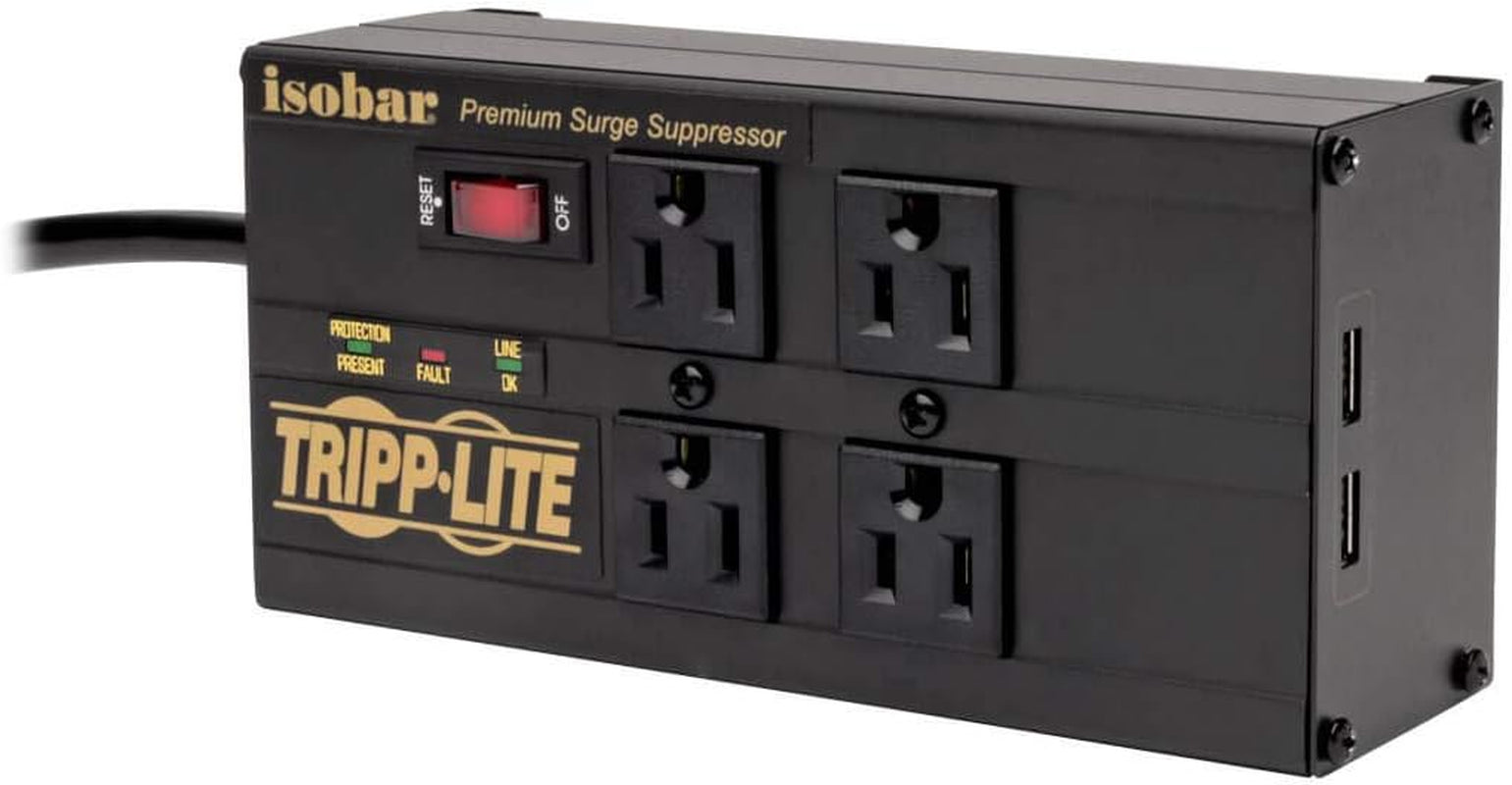 Tripp Lite Isobar 4 Outlet Surge Protector Power Strip with 2 USB Charging Ports, 8Ft Long Cord, Right-Angle Plug, Metal, 3330 Joules, Lifetime Limited Warranty & $50K Insurance (Ibar4Ultrausbb),Black