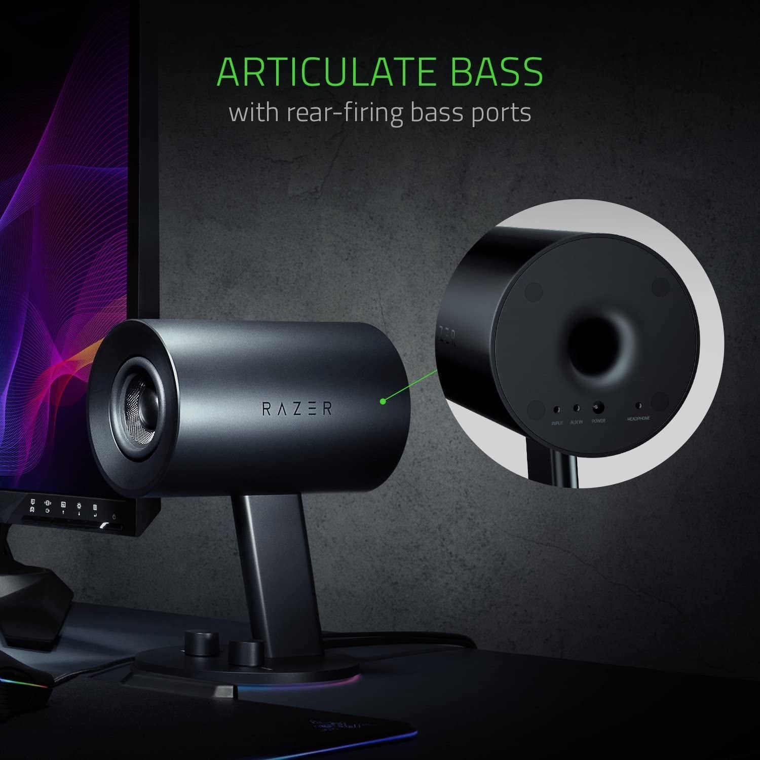 Razer Nommo Chroma: Custom Woven 3" Glass Fiber Drivers - Rear-Facing Bass Ports - Bass Knob W/Automatic Gain Control Chroma Enabled - Full Range 2.0 PC Gaming Speakers, Black
