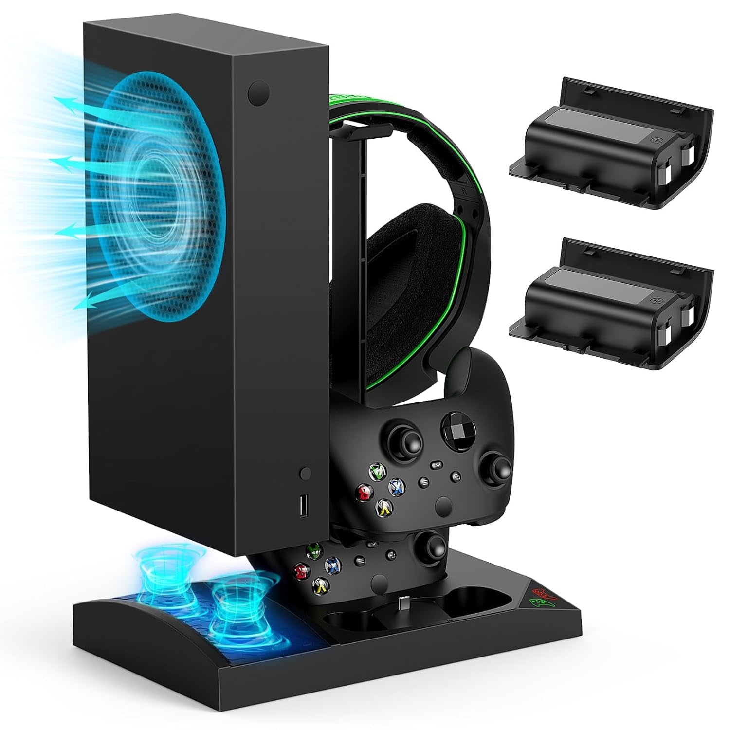 Charger Stand Cooling Fan for Xbox Series S Console/Controller,Dual Cooler System Charging Dock Accessories with 2*Rechargeable Battery,Earphone Mounts, Brackets&Stands for Xbox Series S Protectors