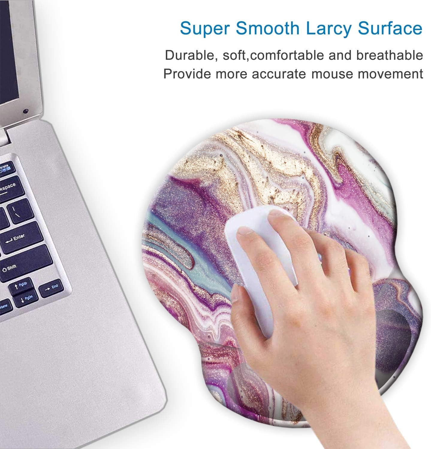 ITNRSIIET Ergonomic Mouse Pad with Gel Wrist Support Small Wrist Rest Smooth Surface Non-Slip PU Base Comfortable Office Supplies Pain Relief, 8.7 X 7.2 Inches, Purple Modern Marbling Art