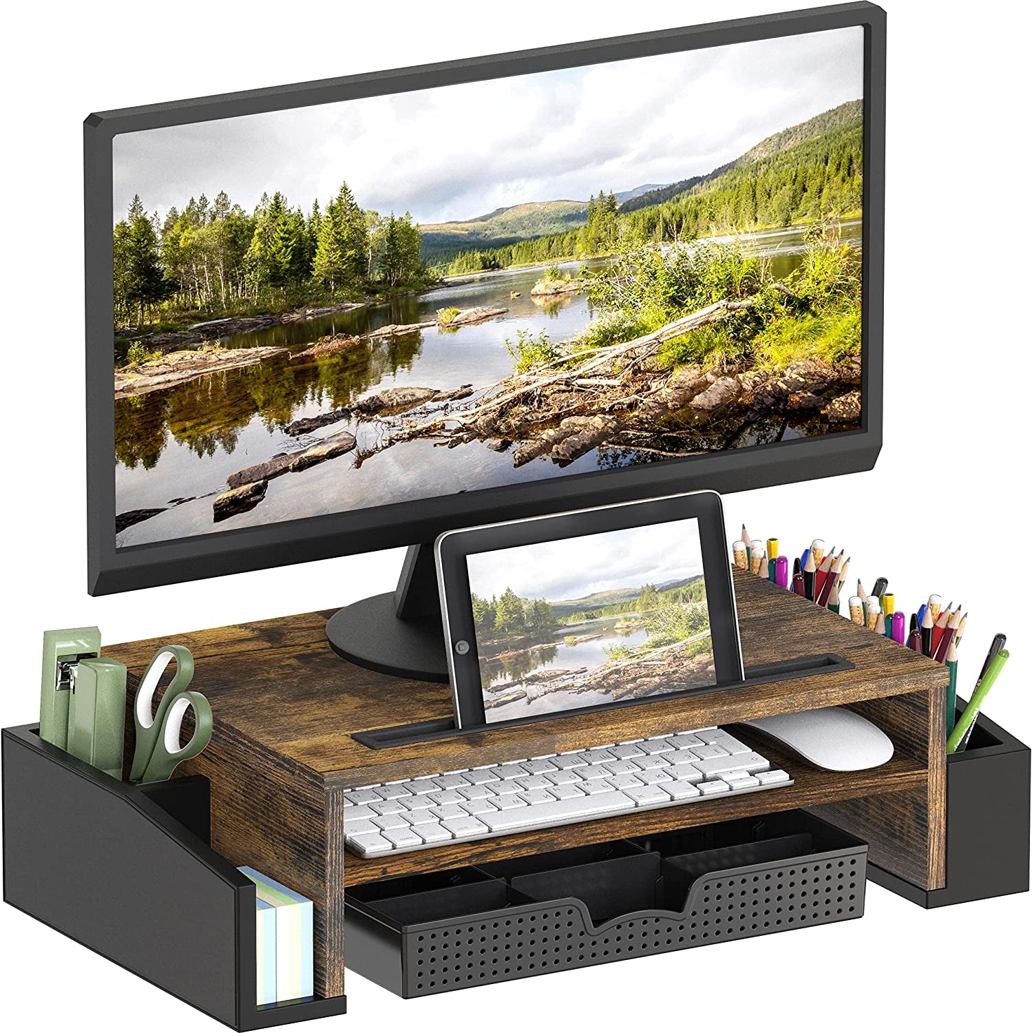 Simple Houseware Desk Monitor Stand Riser with Adjustable Organizer Tray, Maple