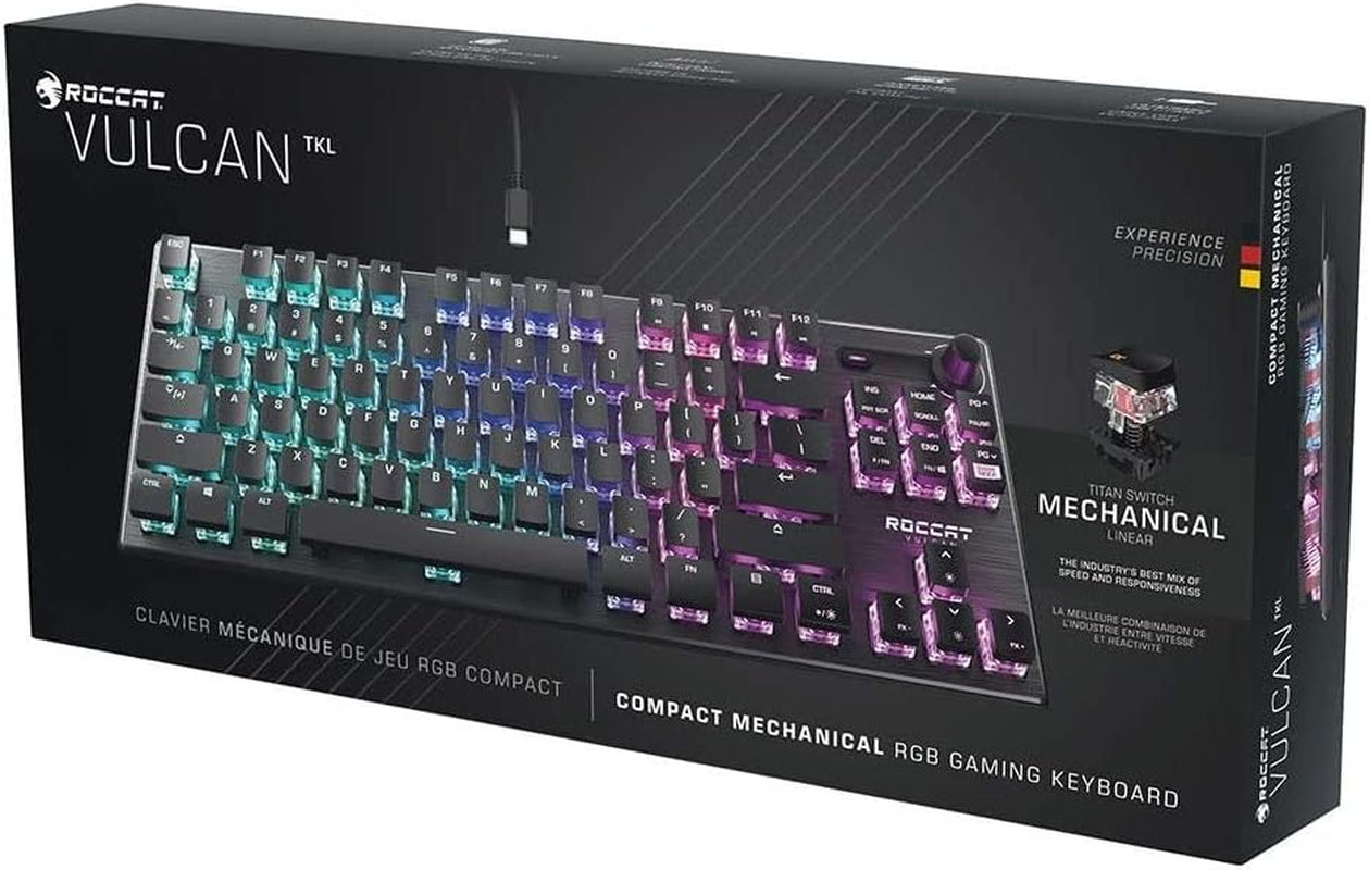 ROCCAT Vulcan TKL Mechanical PC Tactile Gaming Keyboard, Compact, Tenkeyless, Titan Switch Optical, RGB AIMO Lighting, Anodized Aluminum Top Plate, Detachable USB-C Cable, Low Profile Design, Black