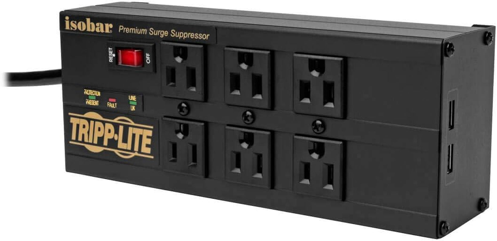 Tripp Lite Isobar 4 Outlet Surge Protector Power Strip with 2 USB Charging Ports, 8Ft Long Cord, Right-Angle Plug, Metal, 3330 Joules, Lifetime Limited Warranty & $50K Insurance (Ibar4Ultrausbb),Black